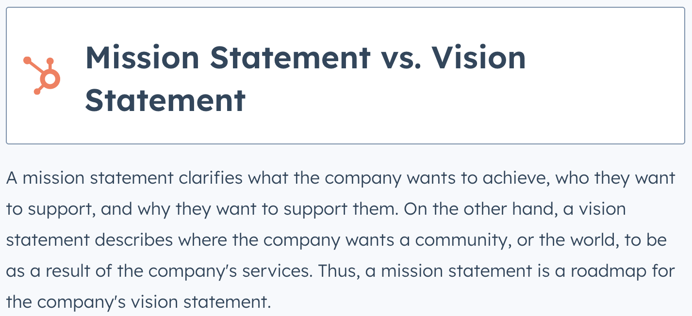 differentiation between a mission and a vision statement: wht to achieve vs the result of that achievement